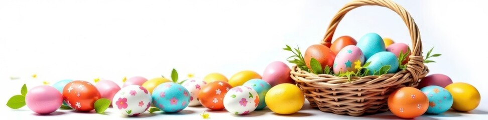Variety of decorated Easter eggs overflowing from a rustic basket, white backdrop, copy space, basket, bright