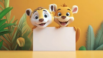 Cute tiger and raccoon holding blank sign