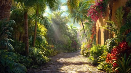 Sunlit Tropical Paradise: A Cobblestone Path Through Lush Greenery and Vibrant Flowers