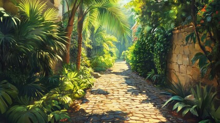 Sun-Drenched Stone Path Through Lush Tropical Paradise