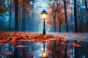 Street light in park surrounded by fallen leaves, casting a warm glow in the evening.