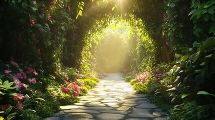 Sunlit Garden Path: A Serene Walk Through Lush Greenery
