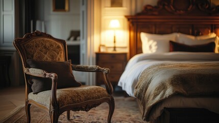Elegant Bedroom Interior: Vintage Chair and Luxurious Bed