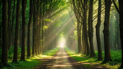 Fototapeta premium Serene Walk Through Sunlit Forest with Filtering Light and Trees