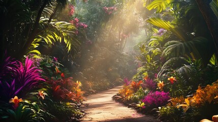 Sunlit Tropical Garden Path: A Serene Escape