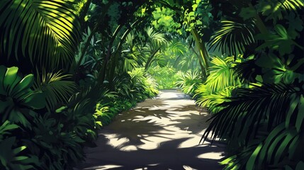 Lush Tropical Jungle Path: A Digital Painting of a Sunlit Trail Through Verdant Foliage