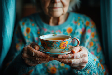 Elderly woman enjoying a cup of tea in a cozy armchair by the window with sunlight streaming in, surrounded by plants and a book on a side table.