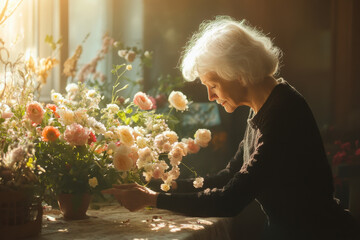 Elderly woman gracefully arranges colorful flowers on a table, showcasing her skill and dedication.