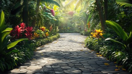 Serene Tropical Garden Path: A Sunlit Walkway Through Lush Greenery