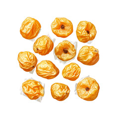 Dried Apricots Scattered on White Background, Top View