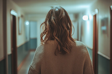Woman walking down hallway, sunlight streaming through window illuminating her path, casting shadows on walls.