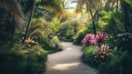 Serene Tropical Garden Path: A Tranquil Escape into Lush Greenery