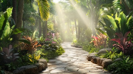Sunbeams Through Tropical Paradise: A Serene Garden Path