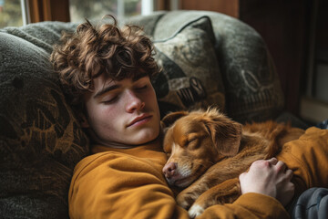 Boy peacefully sleeping with loyal dog cuddled beside him on soft, cozy bed.