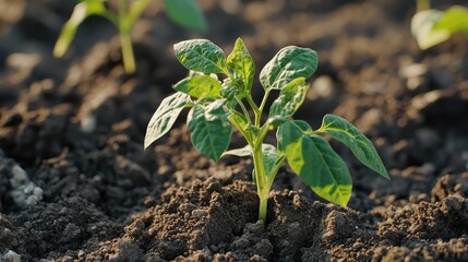 Young pepper plant growing in fertile soil, sunlight illuminates its leaves, showcasing the beauty of nature's cycle and agriculture's promise.