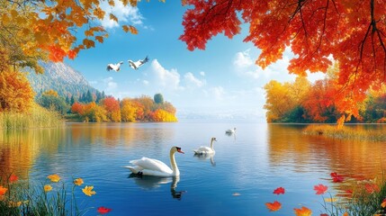 Autumnal Serenity: Swans on a Calm Lake Surrounded by Vibrant Fall Foliage