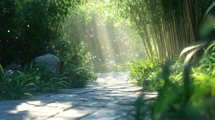 Serene Bamboo Forest Path: A Sunlit Stroll Through Tranquility