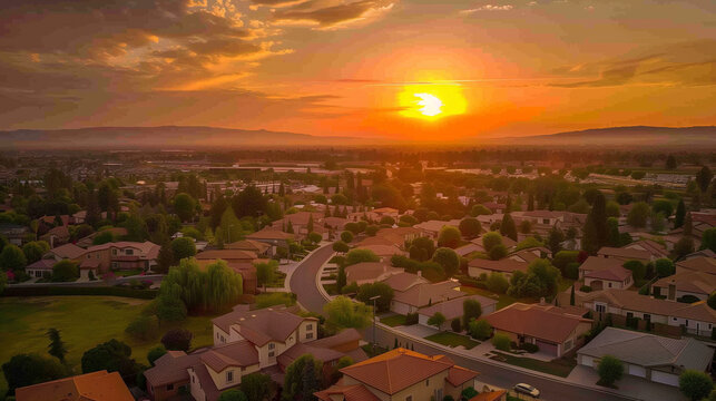 Aerial view of cul de sac neighborhood suburban street with luxury houses in upper middle class American real estate development in the USA stunning red, yellow, orange sunset color 