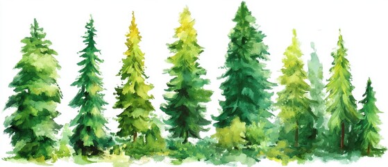 Watercolor Painting of Evergreen Trees in a Forest Landscape on a White Background