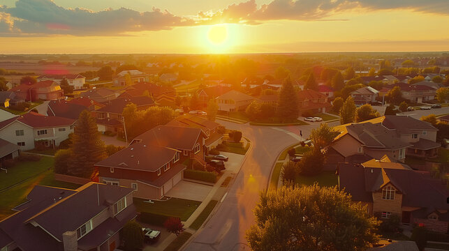 Aerial view of cul de sac neighborhood suburban street with luxury houses in upper middle class American real estate development in the USA stunning red, yellow, orange sunset color 