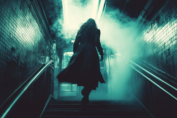 Woman descending stairs, sunlight streams through the window illuminating the old, ornate architecture around her.
