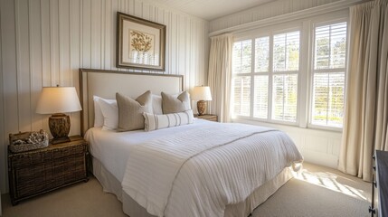 Fototapeta premium Country interior design of modern bedroom with white and cream pillows on bed