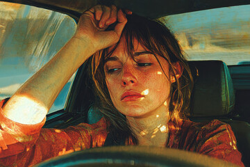 Woman sitting in a car with her head in her hands, looking distressed.