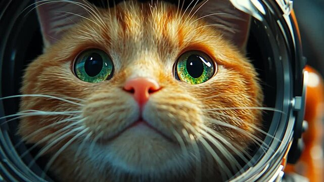 Ginger cat in space helmet.  Close up.  Possible use  Funny, adorable, creative stock photo