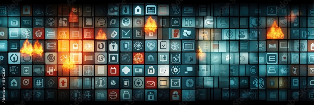 Aufkleber Digital Representation of Firewalls and Bans Isolating Various Application Icons Across a Tech Backdrop Generative AI