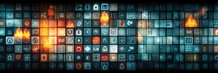 Fototapeta premium Digital Representation of Firewalls and Bans Isolating Various Application Icons Across a Tech Backdrop Generative AI