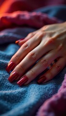 Fototapeta premium Elegant hand, shimmering nails, sunset-hued blanket, orange, red, detail