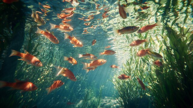 Underwater view of colorful fish swimming among aquatic plants in a serene freshwater environment