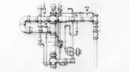 Detailed technical drawing of complex piping system in industrial setting showcasing various components and connections