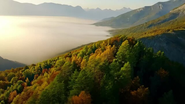 Fog envelops mountain tops in Montenegro showcasing autumn colors at dawn, Aerial view around foggy mountain top in Montenegro on an early sunny morning in autumn