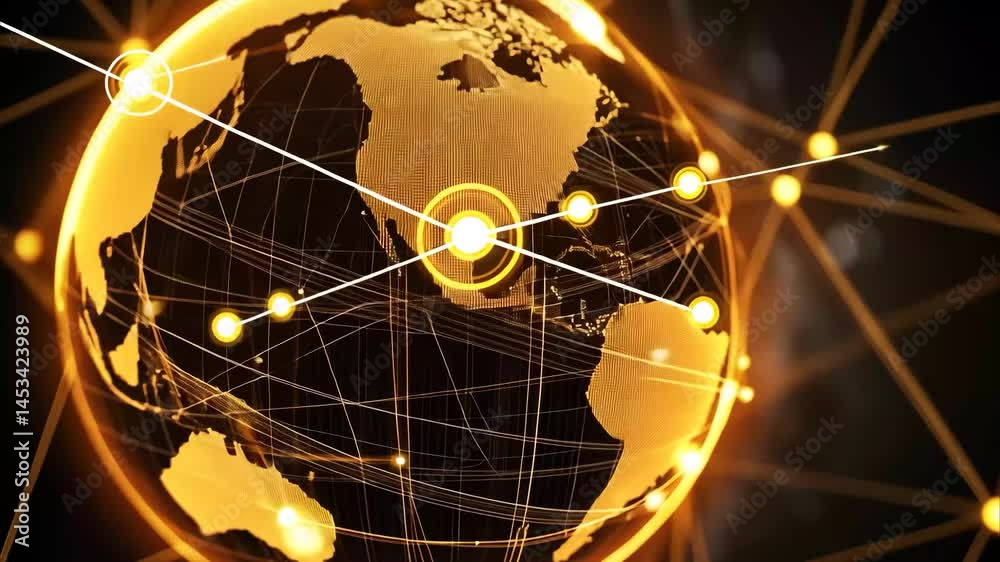 Poster global network visualization depicting connections and digital data processing across continents, di