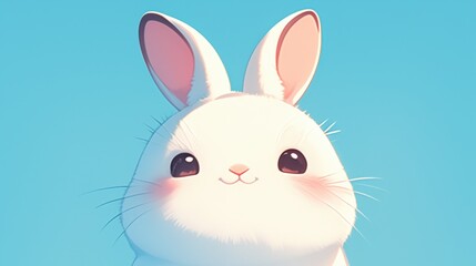 Obraz premium Cute, fluffy white rabbit with rosy cheeks on a bright blue background
