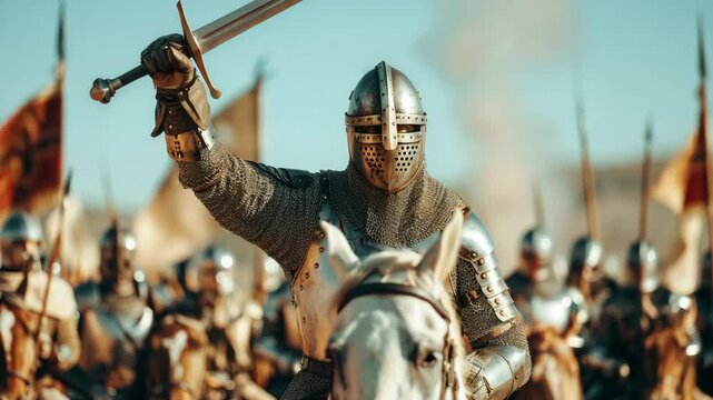 Knight's Victorious Charge: A valiant knight, armored and atop his steed, raises his sword in a triumphant display of leadership, surrounded by his loyal comrades in an epic historical scene.