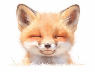 Cute fox cub with a sweet smile, soft fluffy fur in a white background