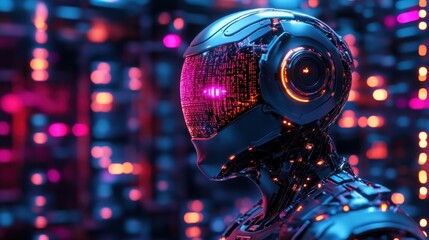 Fototapeta premium Futuristic robot head in neon lights. Detailed view of a metallic robot head with glowing circuits and vibrant lighting