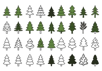 Obraz premium Charming Christmas Tree Icons: Green & White Line Art Set AI Generated