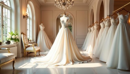 Luxurious bridal boutique interior, wedding dress showcased, accessories, bridal