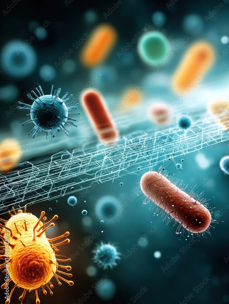 Aufkleber abstract representation of bacteria breaking through a synthetic molecular barrier in a scientific i