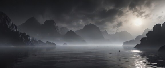 Ethereal mist ascends from inky black ocean, soft focus , darkness, evaporate, black