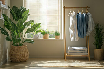 Plant in a basket by window, bathed in sunlight.