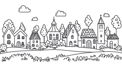 Fototapeta premium Charming village houses, sunny day, countryside, illustration