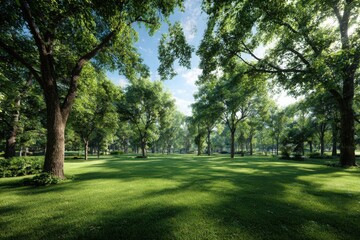 Fototapeta premium Lush green park with tall trees and bright sky casting shadows below
