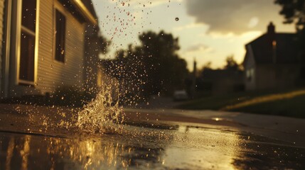 Golden sunset illuminates a splash of water on pavement near a suburba