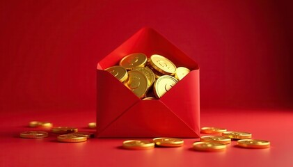 Scattered gold coins emerge from crimson envelopes against a deep red backdrop , gold, texture