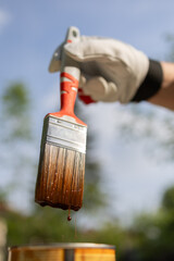 Close-up of a dipping brush into a bucket full of brown paint.
