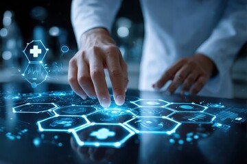 Doctor using a digital interface with medical icons and data analysis